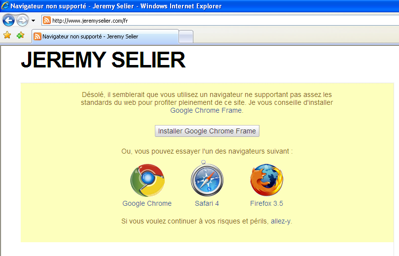 Page indiquant que le navigateur n'est pas supporté par le site